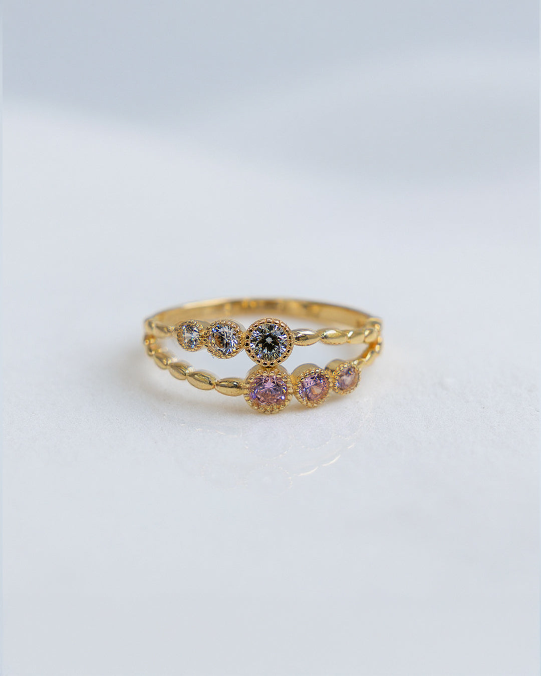 Anillo para Dama 14k, Zirconias rosadas y blancas,  Oro Italiano 14K