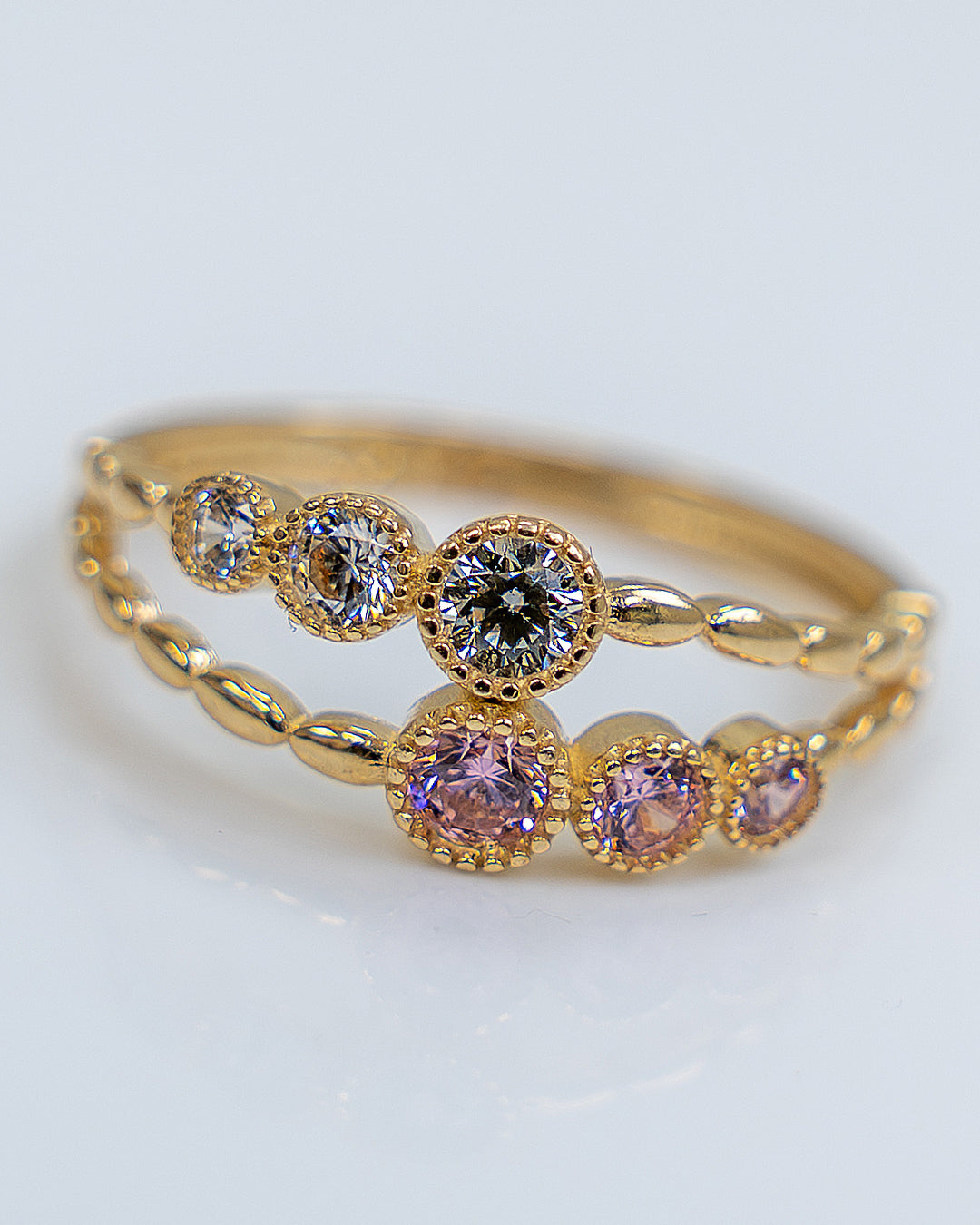 Anillo para Dama 14k, Zirconias rosadas y blancas,  Oro Italiano 14K