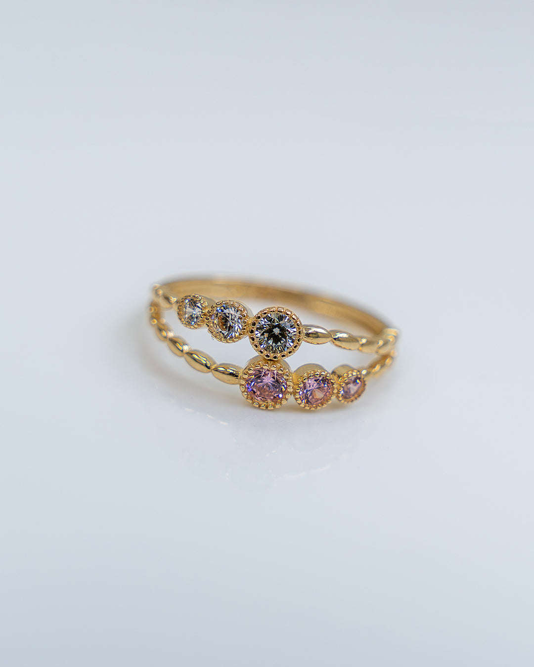 Anillo para Dama 14k, Zirconias rosadas y blancas,  Oro Italiano 14K
