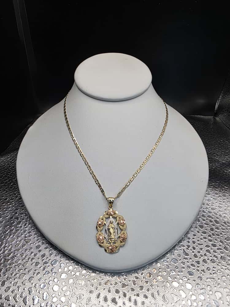 Cadena Valentino y dije de la virgen en oro 14k