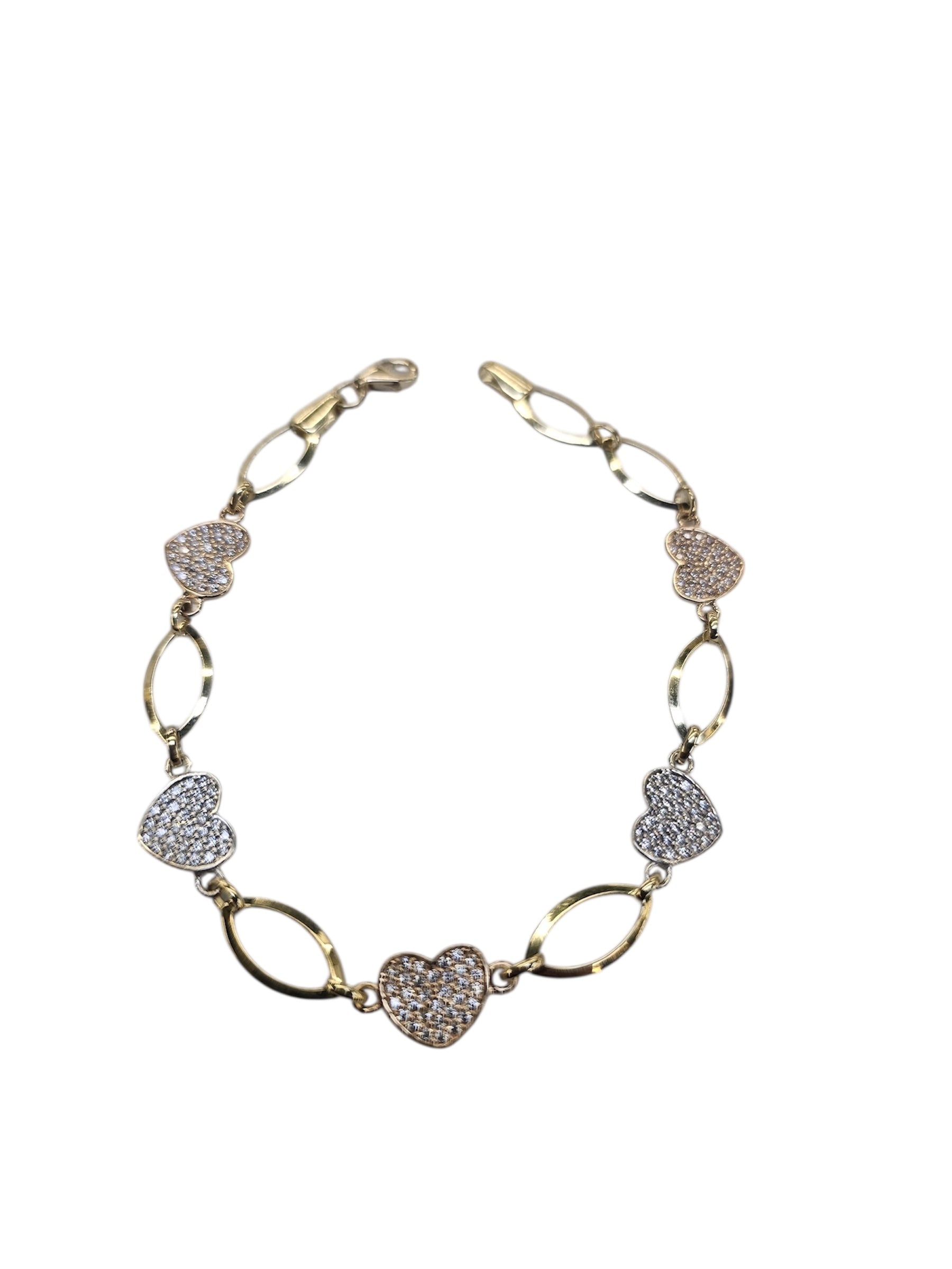 Pulsera de 3 oros con corazon de circonia 7.5" oro 14k