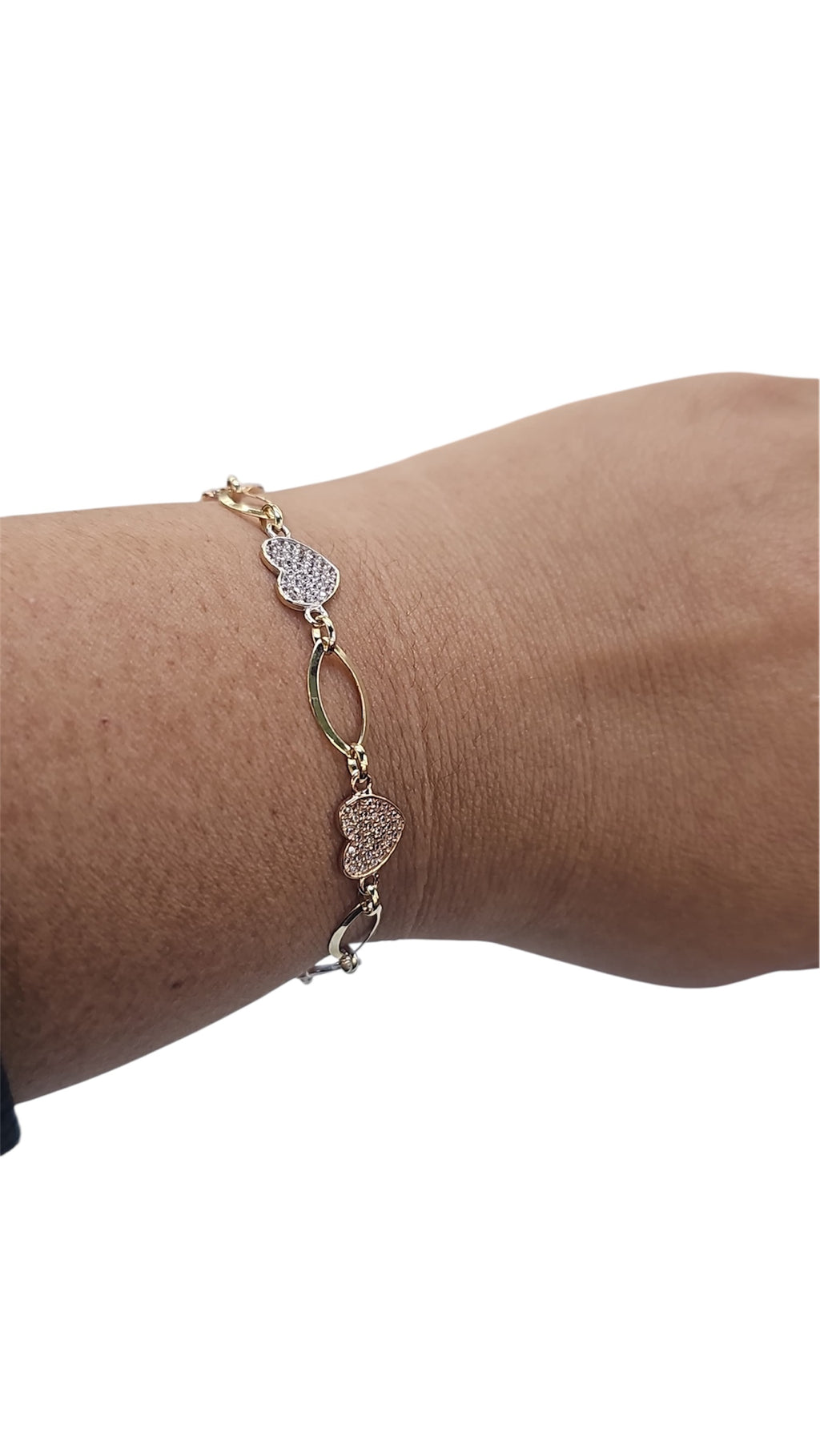 Pulsera de 3 oros con corazon de circonia 7.5" oro 14k