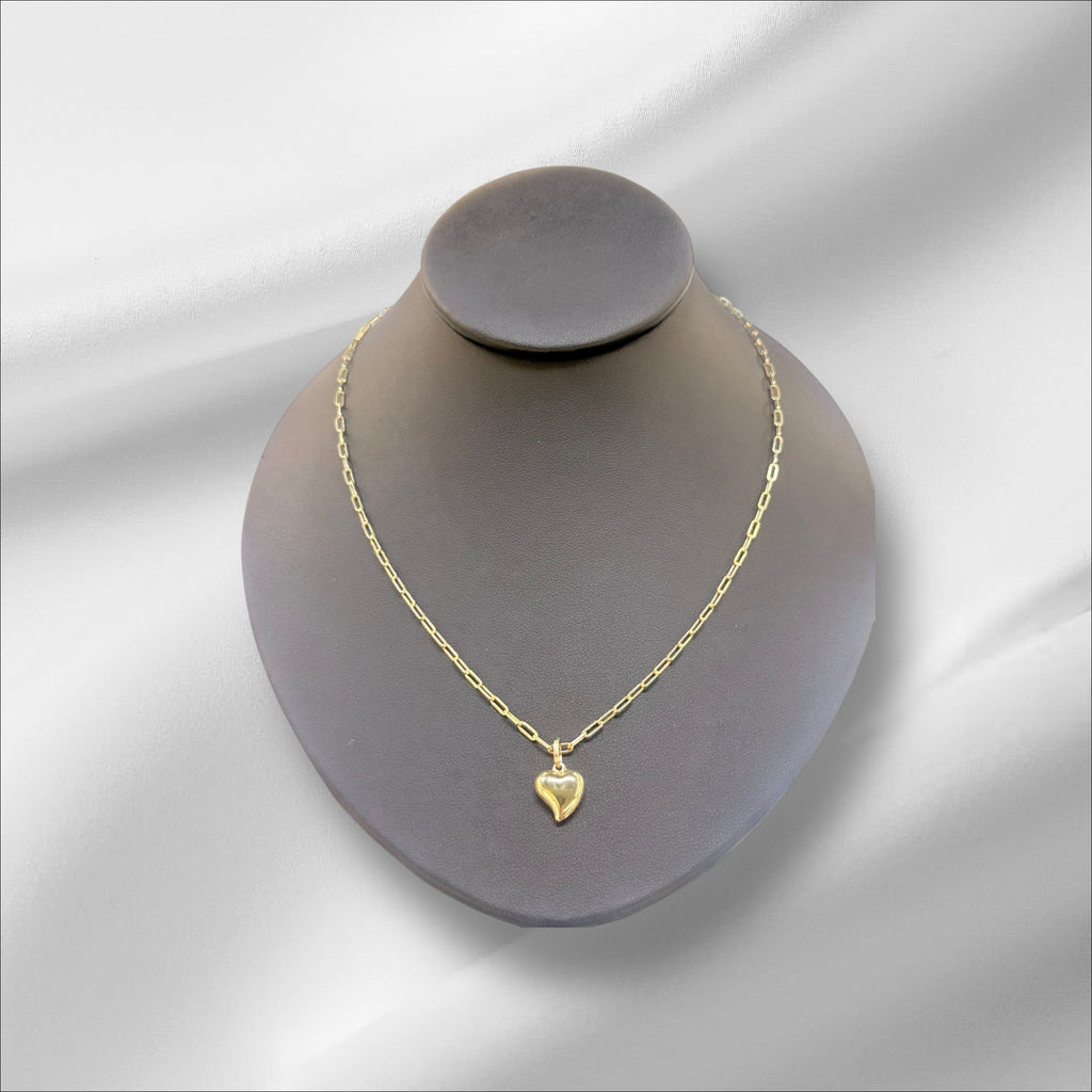 Cadena paper clip semi sólida 18'' y dije de corazón en oro 14k