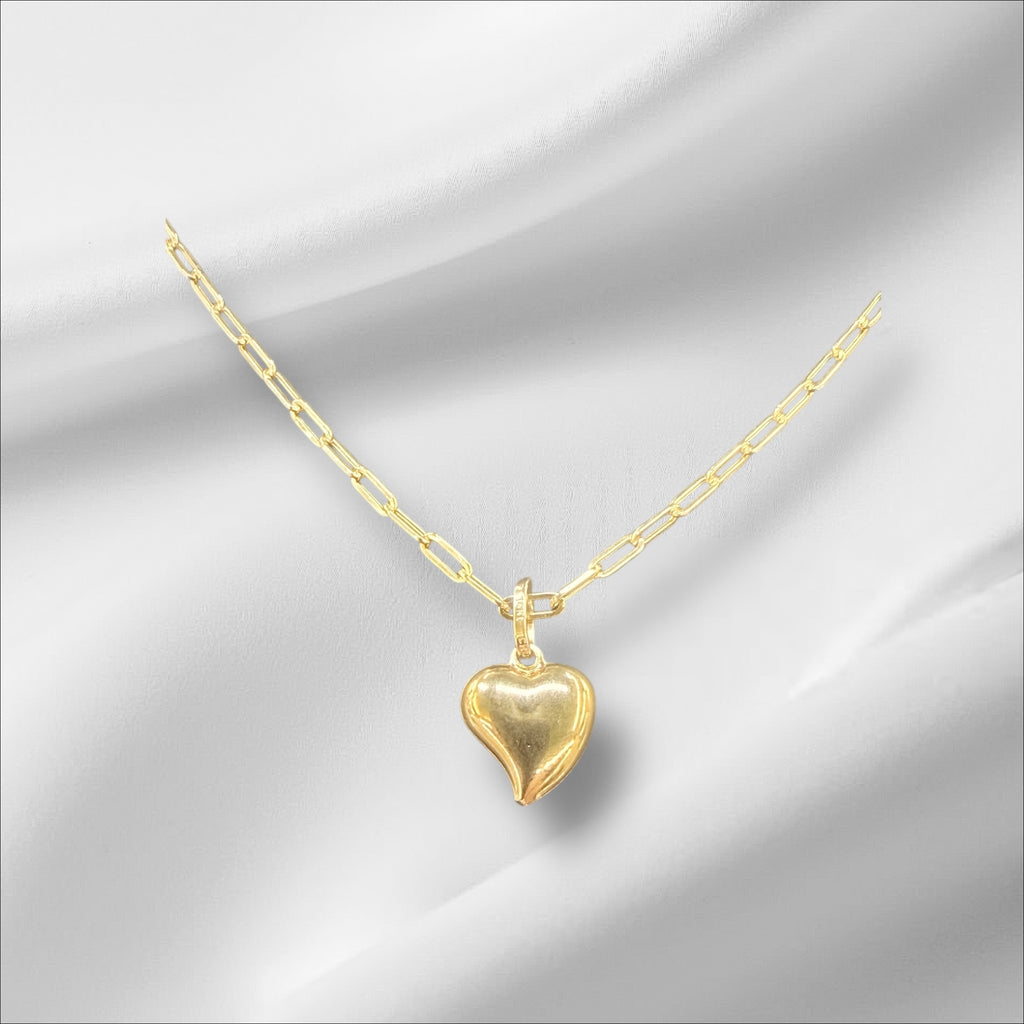 Cadena paper clip semi sólida 18'' y dije de corazón en oro 14k