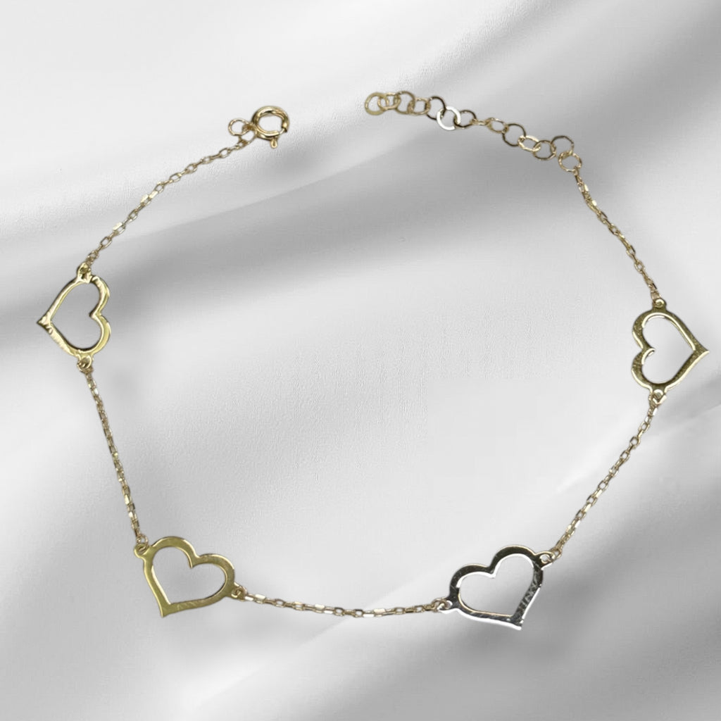 Pulsera rolo de corazones 7” oro 14k