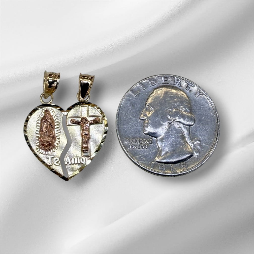 Dije de corazón partido con crucifijo y virgen oro 14k